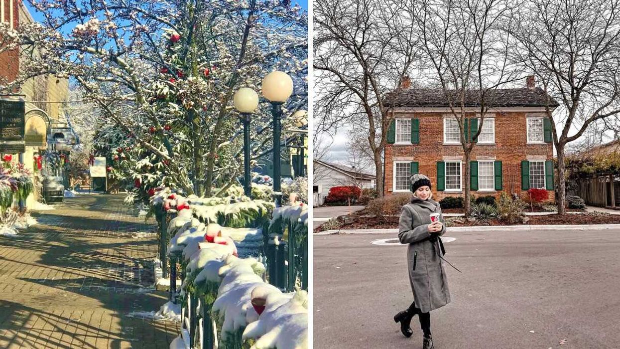 A street with snow and Christmas decor. Right: A person walking in a small town.
