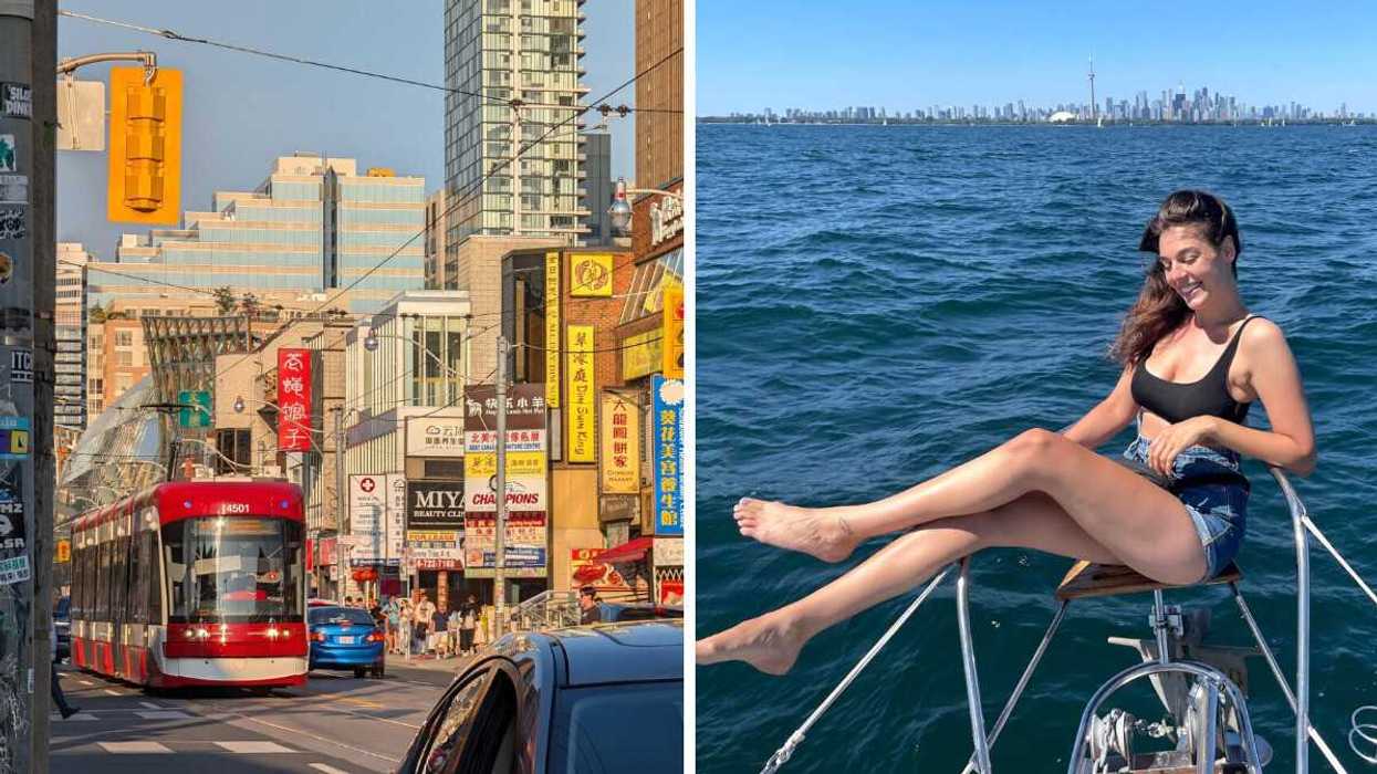 A streetcar in Toronto's Chinatown. Right: A person sitting on a boat.