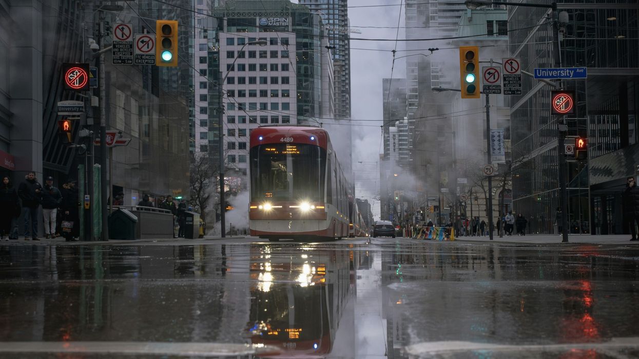 A streetcar on a rainy day in Toronto.