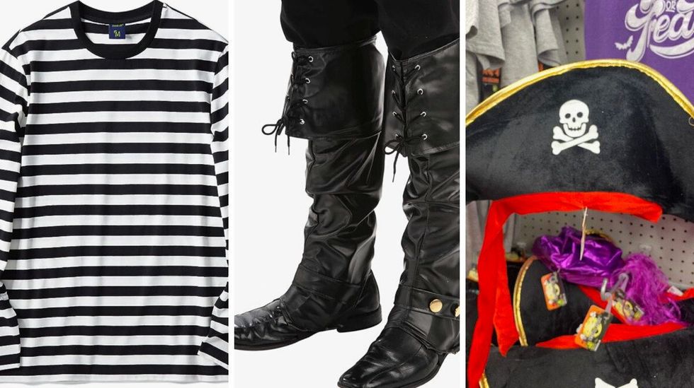 A striped shirt on Amazon. Middle: Boot covers. Right: A pirate's hat at Dollarama.