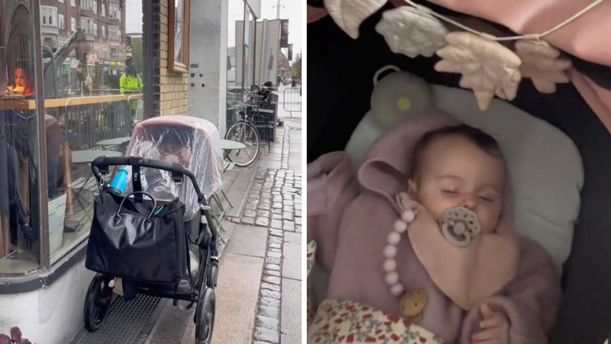 A stroller outside in Denmark. Right: A baby sleeping in the stroller.