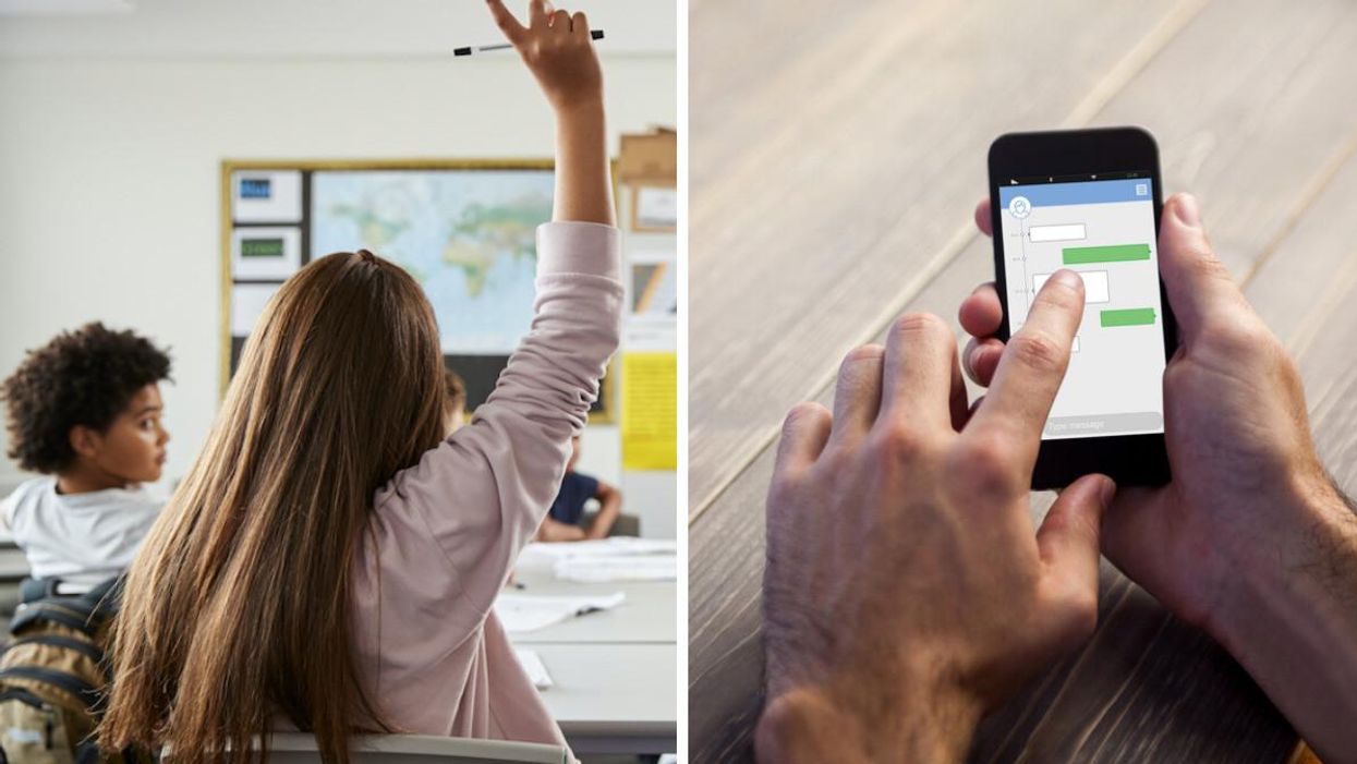 A student raises her hand in a classroom. Right: A man texts on a mobile phone.