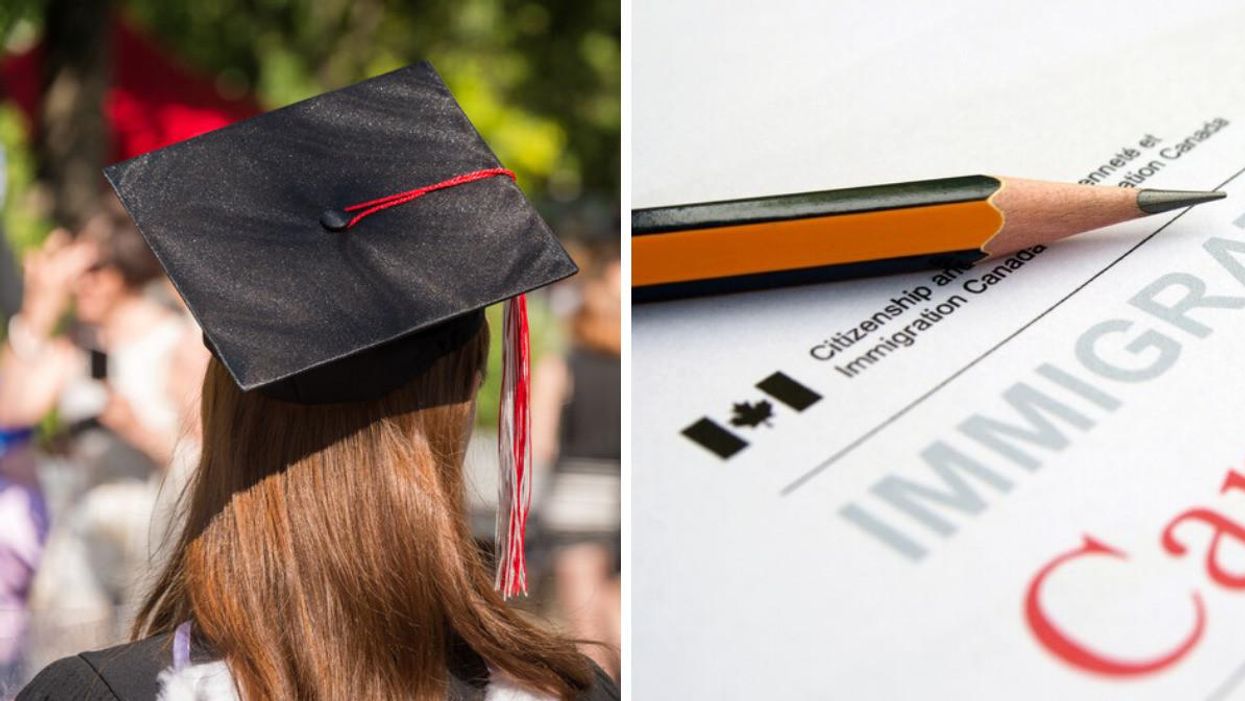 A student wearing a graduation hat. Right: A Canadian immigration form.