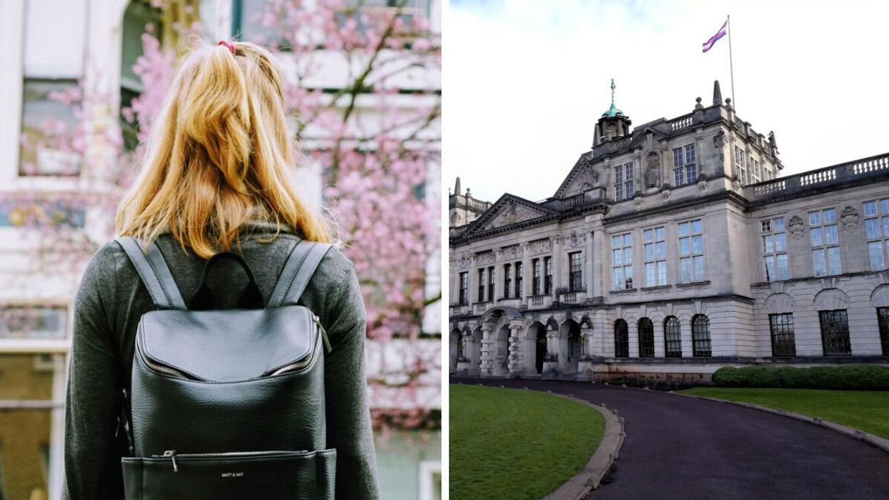 A student with a backpack on. Right: Cardiff University.