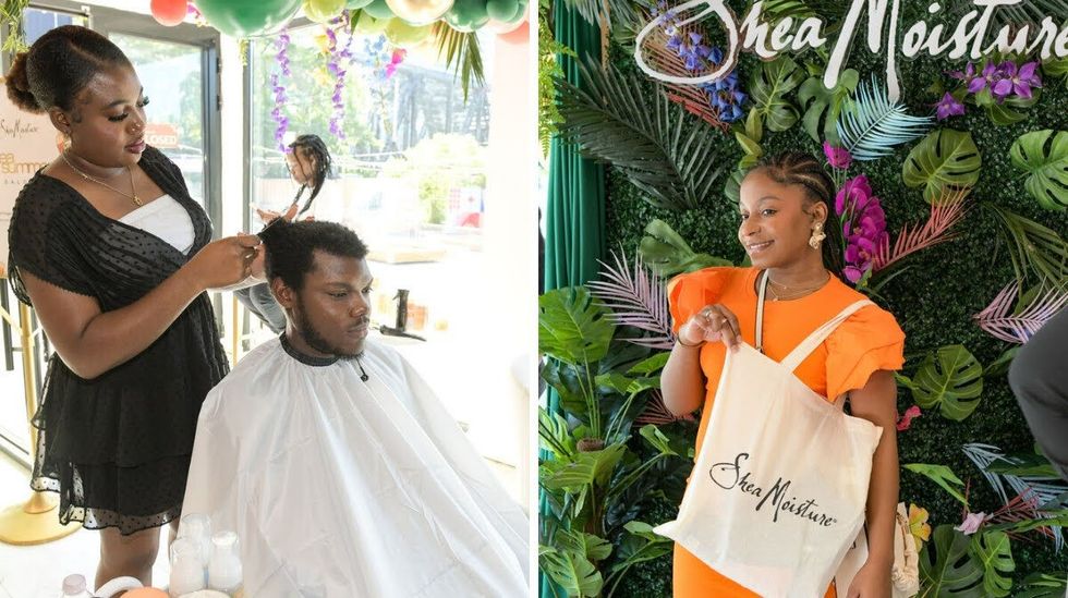 A stylist with a client at the Shea Summer Salon. Right: A client poses with a SheaMoisture tote bag.