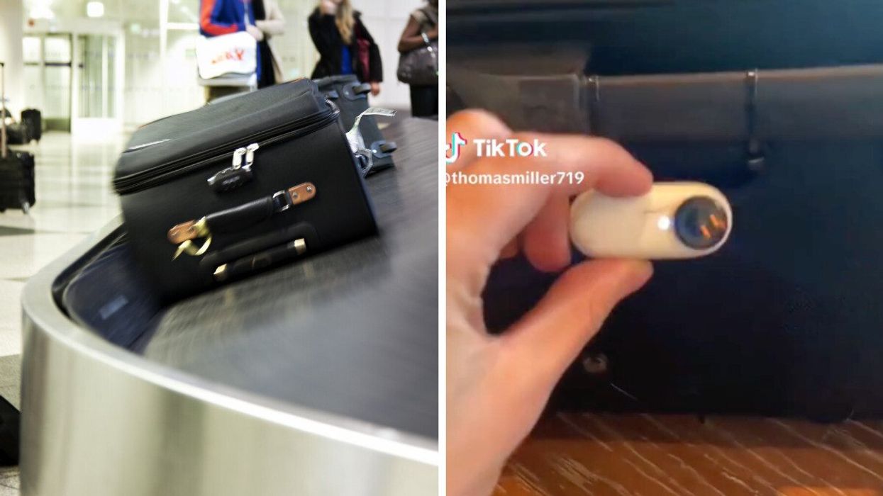A suitcase at the luggage claim inside an airport. Right: The TikToker putting a hidden camera on his suitcase.