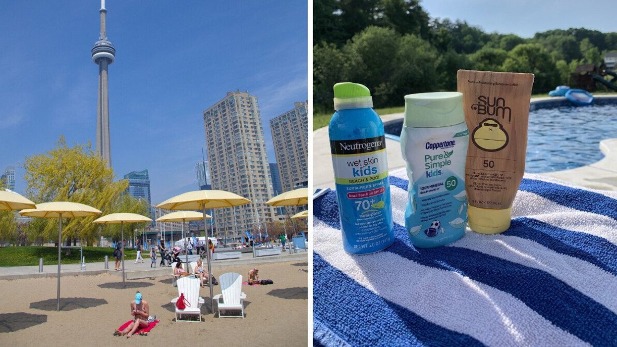 A sunny day at Toronto's Habourfront Quay. Right: Bottles of sunscreen on a towel in front of a swimming pool.
