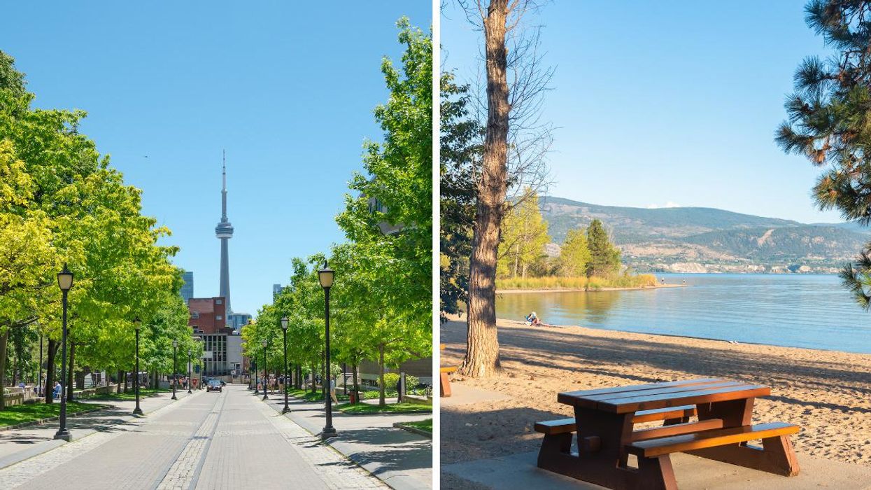A sunny day in Toronto. Right: A picnic bench beside the beach.