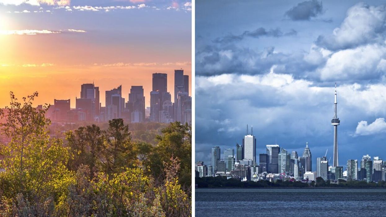 A sunrise over Calgary. Right: Clouds over the city of Toronto.