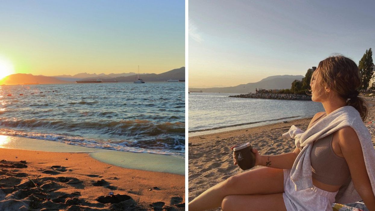 A sunset from a beach. Right: A person watching the sunset sitting on a beach.