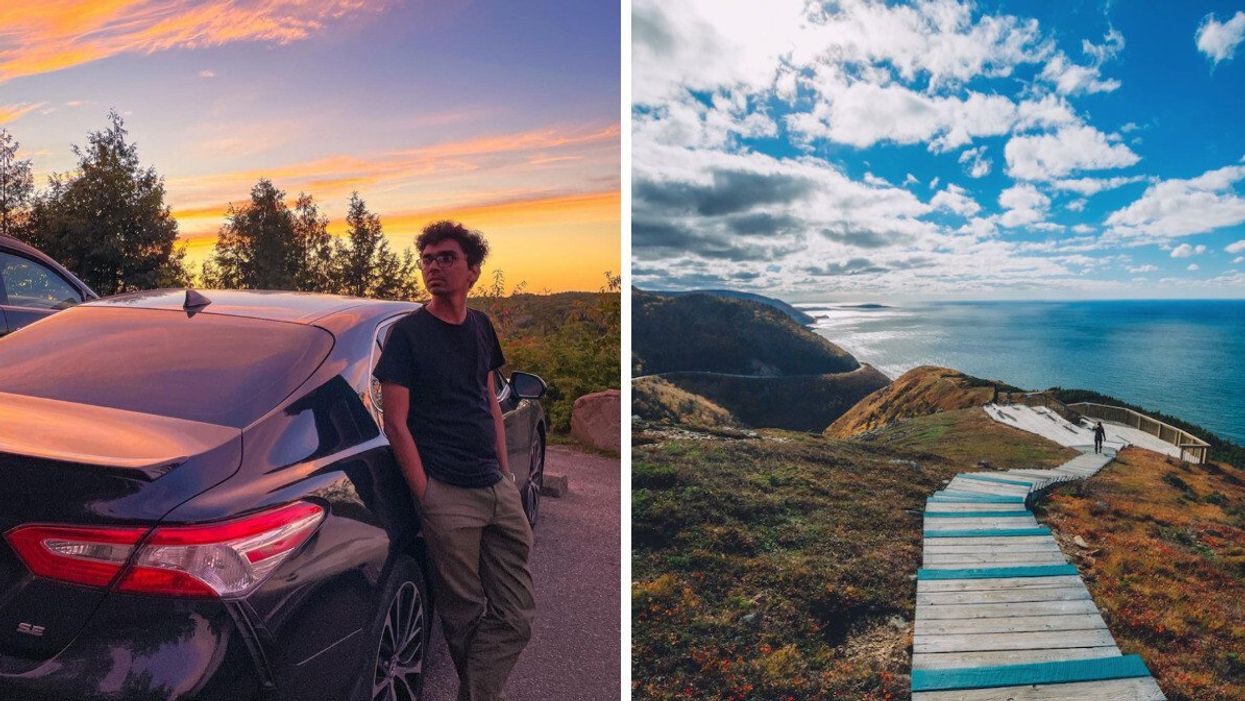 A sunset on the Trans-Canada Highway. Right: Cape Breton Highlands National Park.