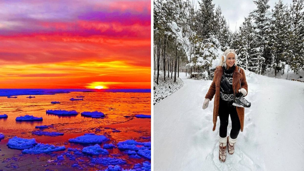 A sunset over a frozen lake. Right: A person walking in the snow holding skates.