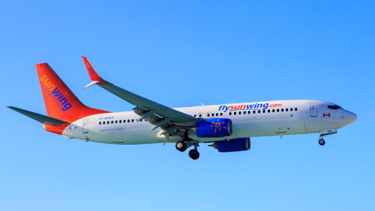 A Sunwing airplane in the sky.