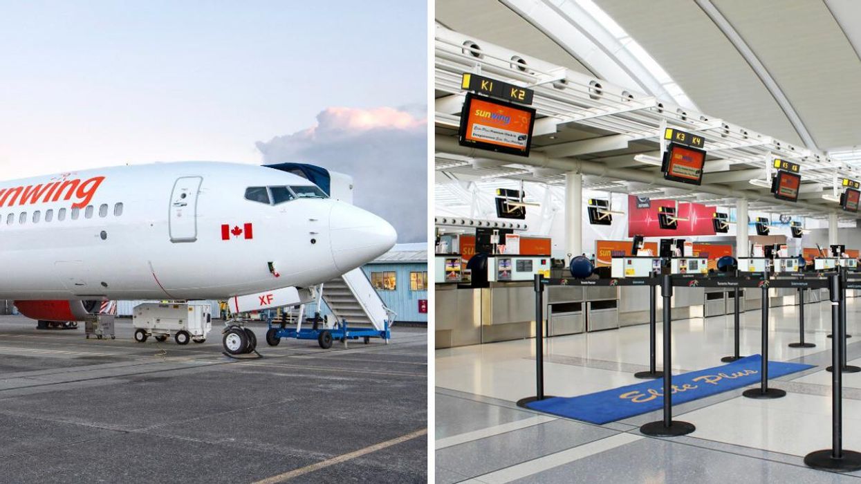 A Sunwing airplane. Right: A Sunwing terminal in Toronto Airport.