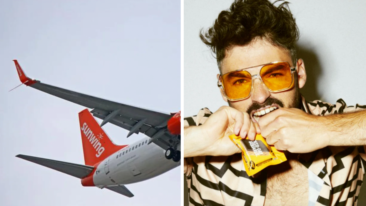 A Sunwing airplane. Right: Mid-Day Squares co-founder Jake Karls.