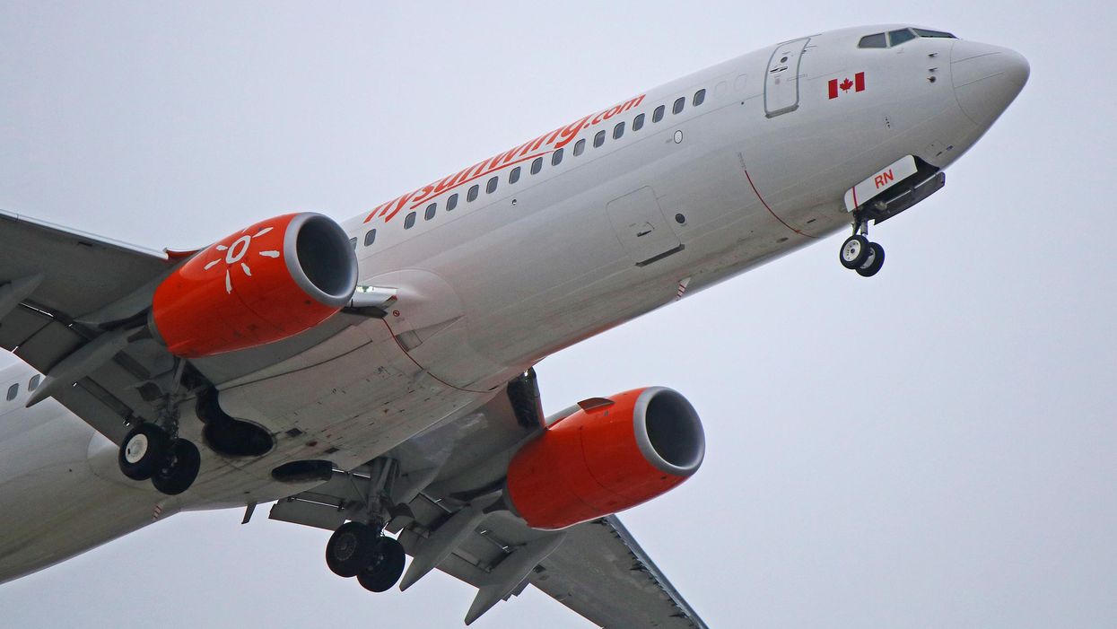 A Sunwing plane coming into Toronto Pearson Airport.