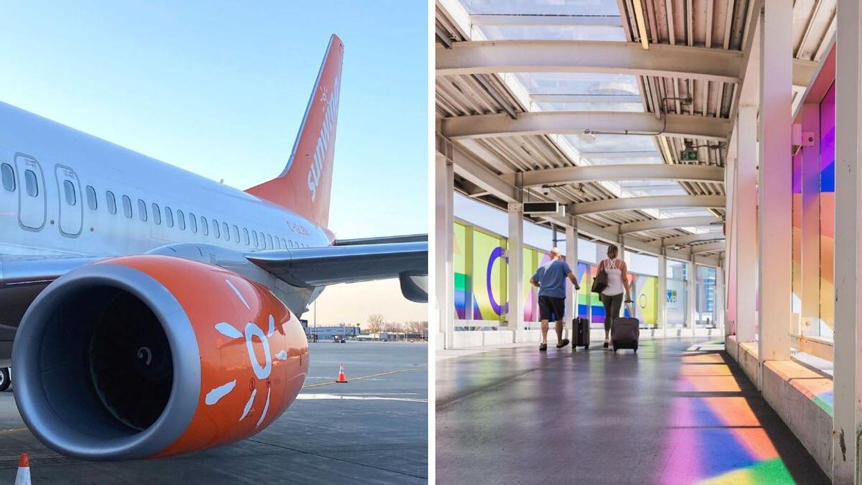 A Sunwing plane. Right: People with luggage at Vancouver International Airport.