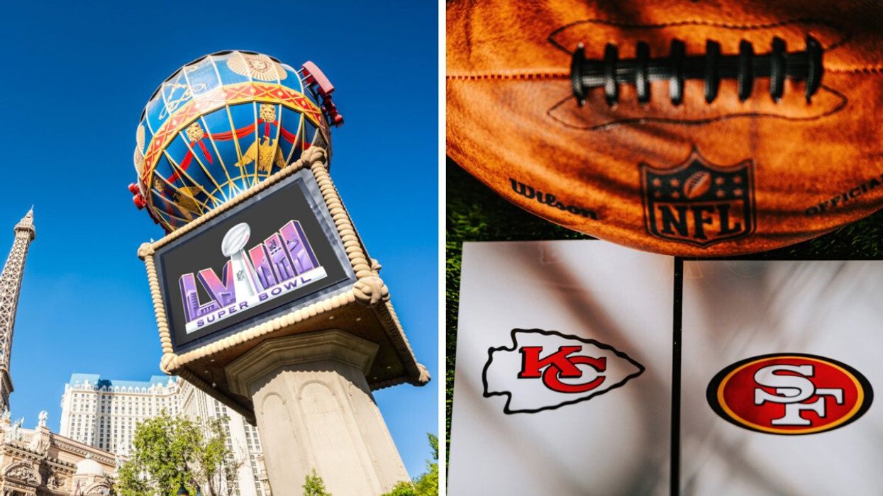 A Super Bowl sign on a billboard in Las Vegas. Right: