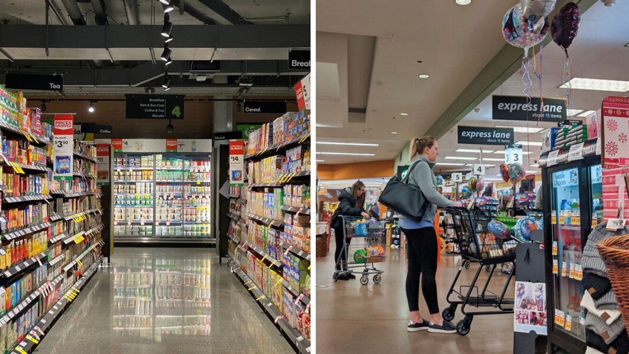 A supermarket aisle. Right: A woman lining up at a checkout to purchase groceries.