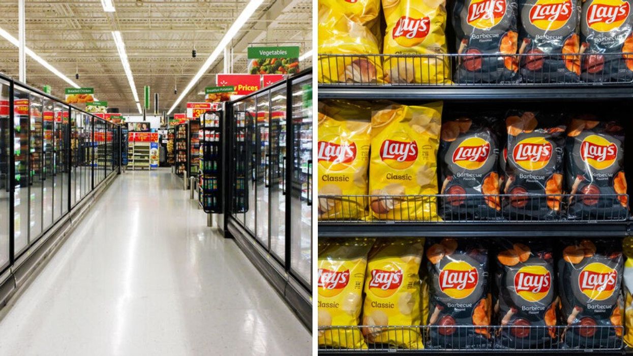 A supermarket aisle. Right: Lay's chips.