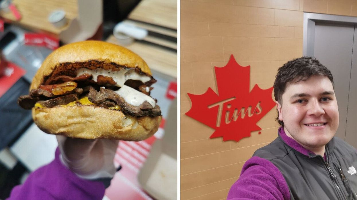 A Supreme Stack sandwich. Right: Narcity writer Tomás Keating at Tim Hortons headquarters.