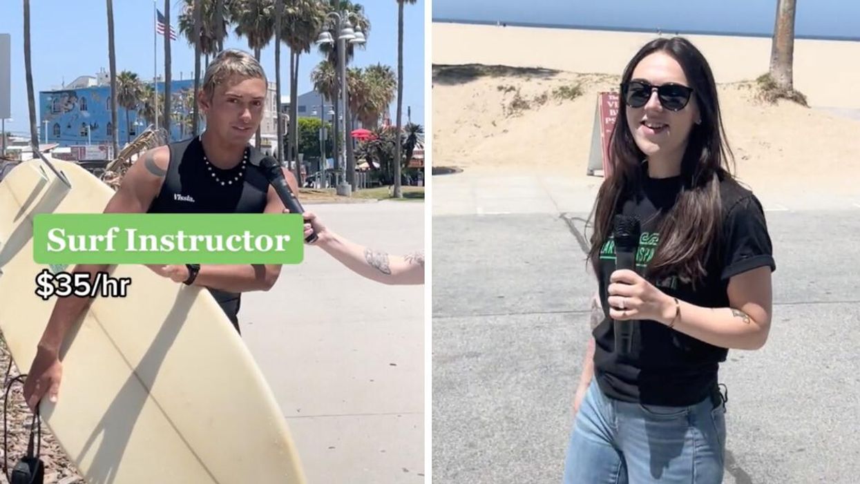 A surf instructor holding his board. Right: The reporter from Salary Transparent Street on Venice Beach, CA.
