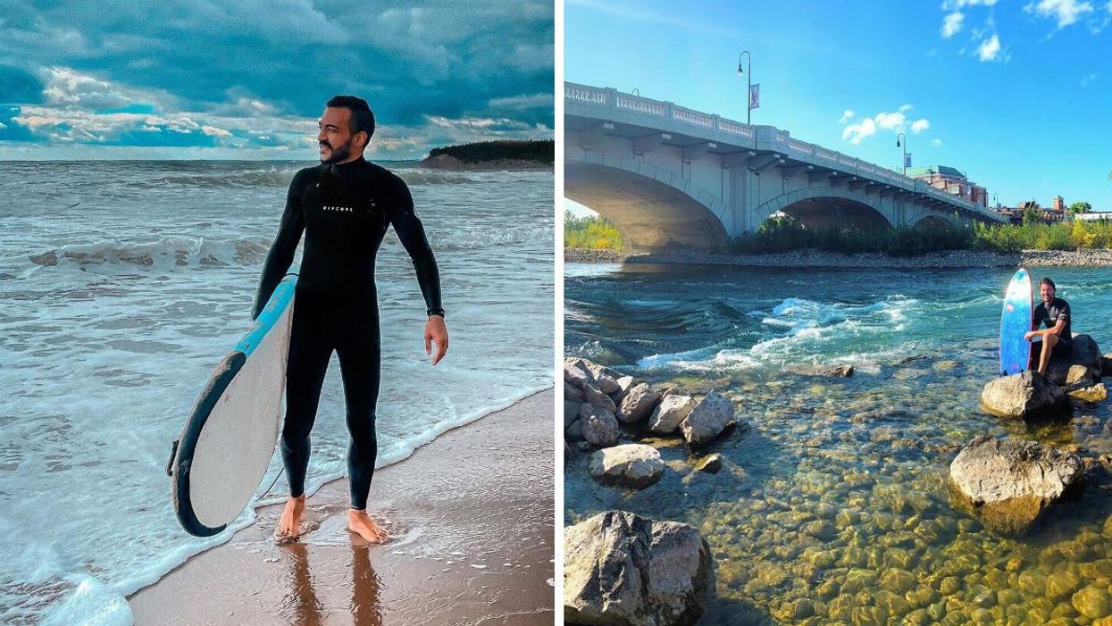 A surfer at Lawrencetown Beach. Right: The 10th Street Bridge River Surfing spot in Calgary.
