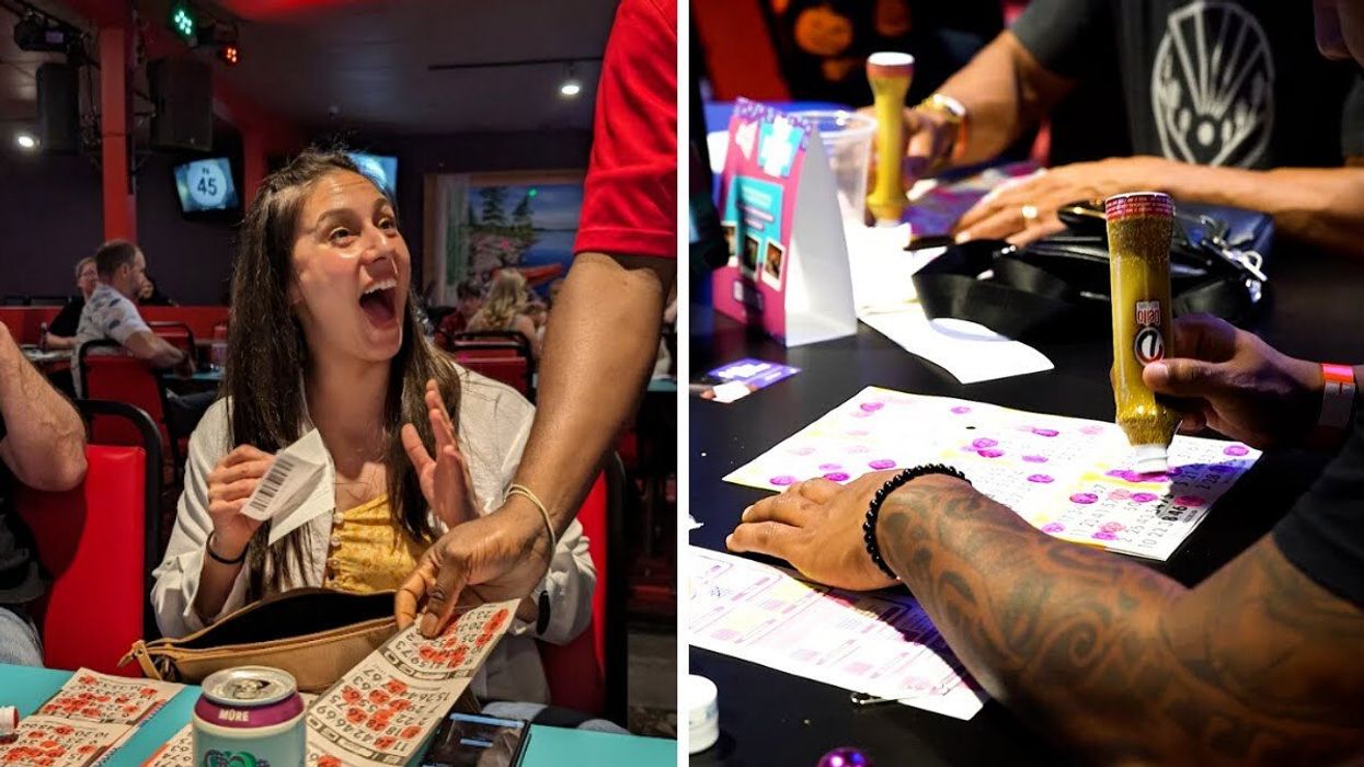 A surprised and excited Bingo player. Right: Bingo players mark their cards.