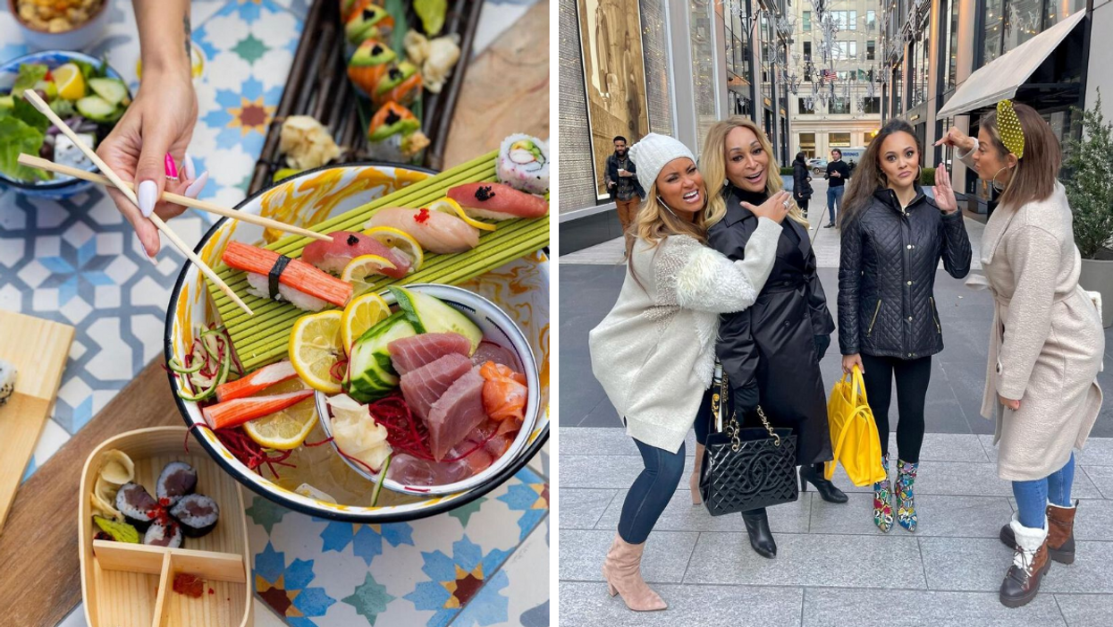 A sushi plate at The Savoy Hotel. Right: Cast members from "The Real Housewives of Potomac."