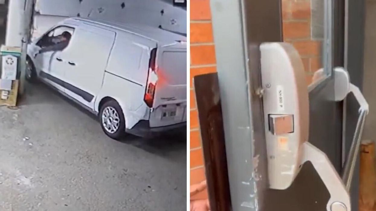 A suspect driving off with the Toronto Humane Society's rescue van. Right: A door that was broken into.