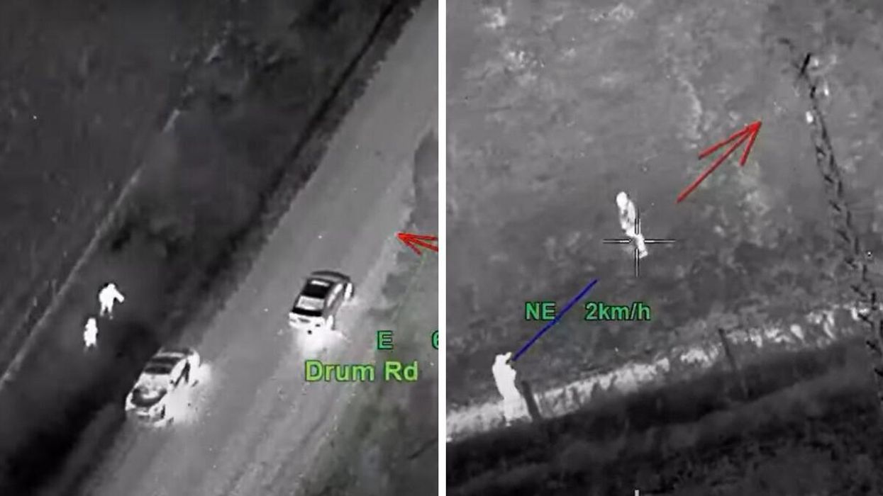 A suspect vehicle drives over stopsticks. Right: Police approach the suspect on foot.