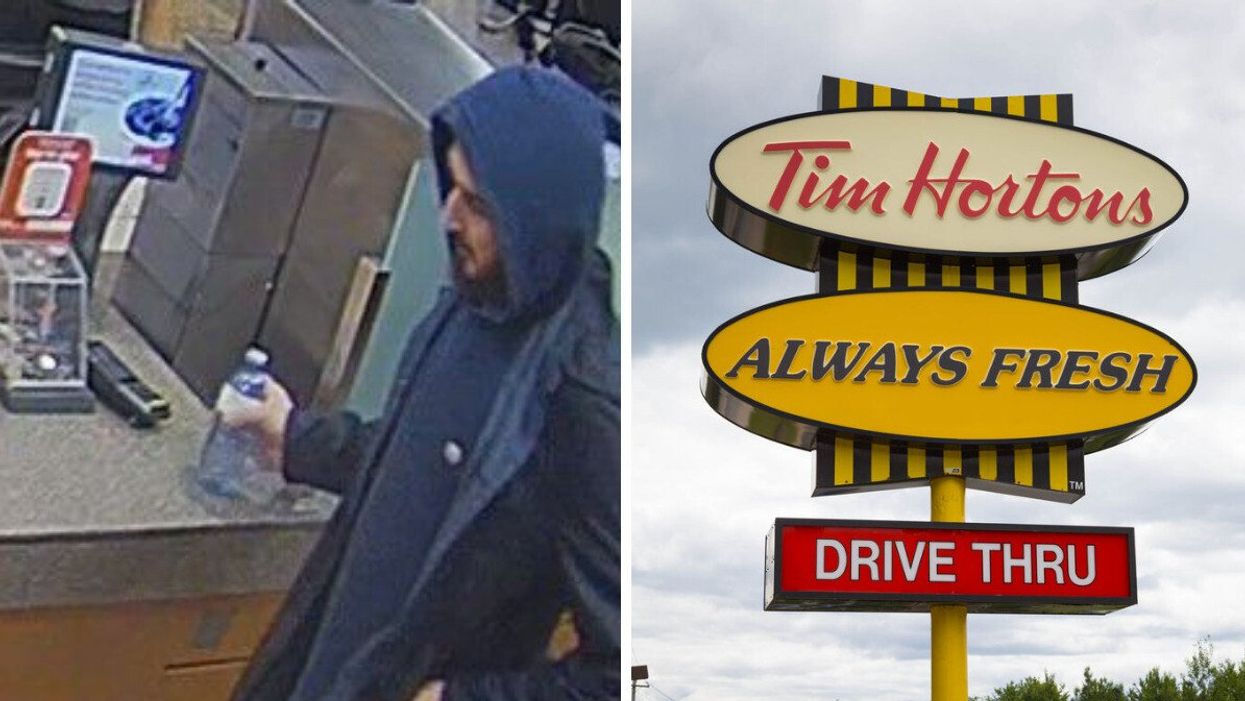 A suspect wanted in an assault at a Toronto Tim Hortons. Right: A Tim Hortons drive-thru sign.