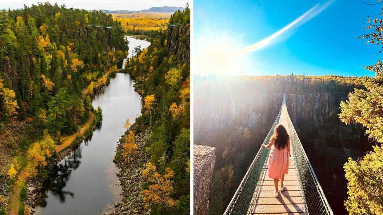 A suspension bridge over fall colours. Right: A person walking across a suspension bridge.