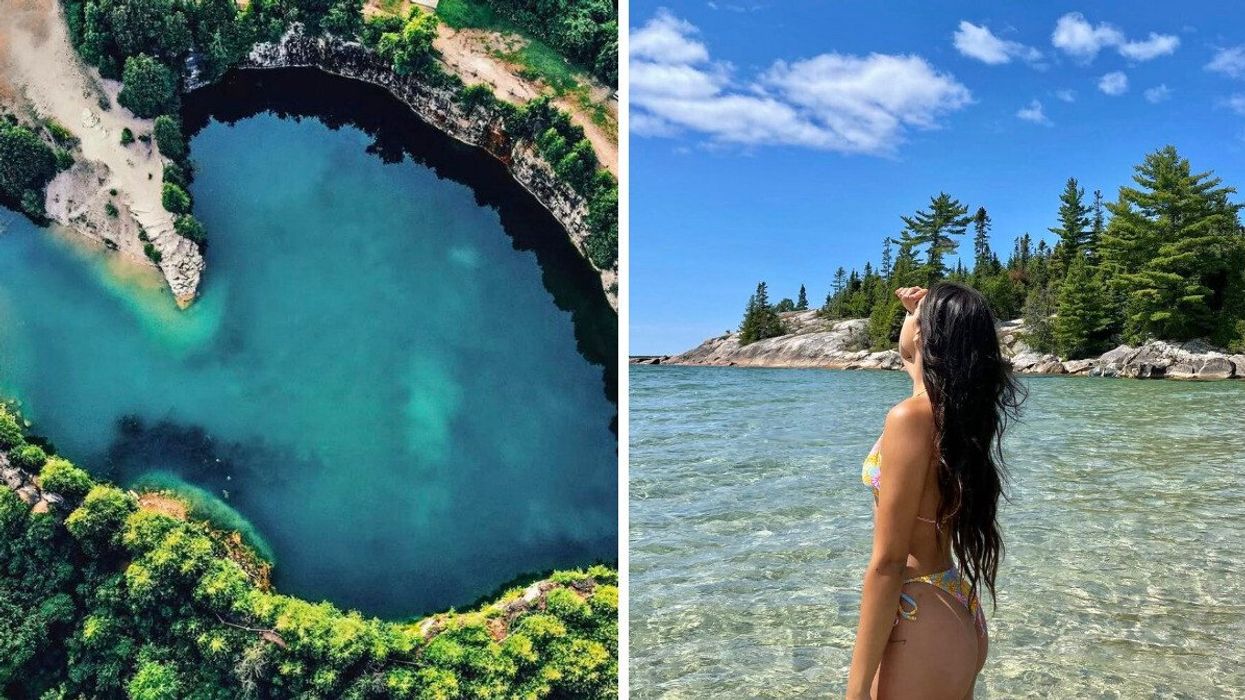A swimming hole with turquoise water. Right: A person standing on a beach.