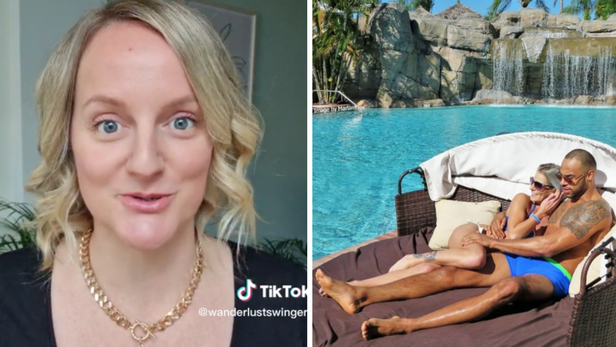 A swinger podcaster listing different resorts. Right: A couple at the Florida swingers resort.