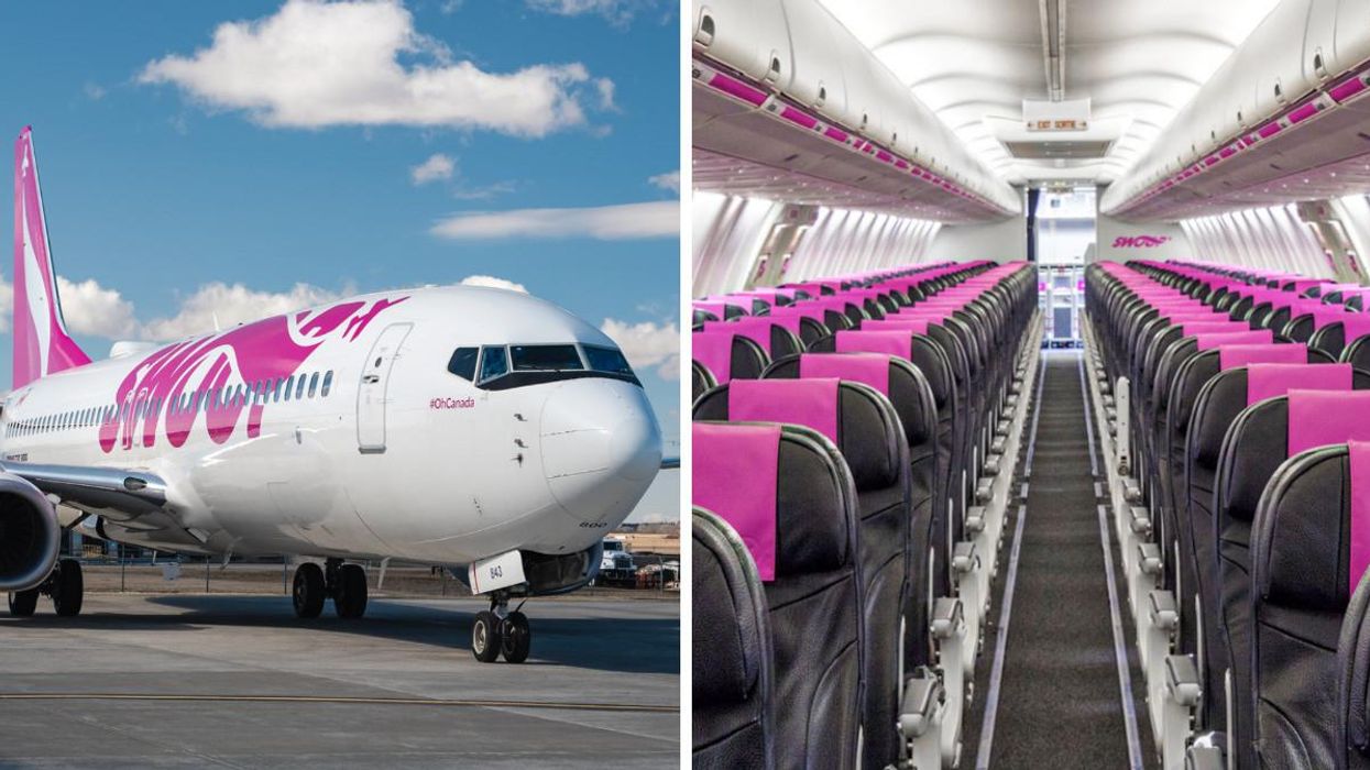 A swoop airplane on the runway. Right: The inside of a Swoop plane.