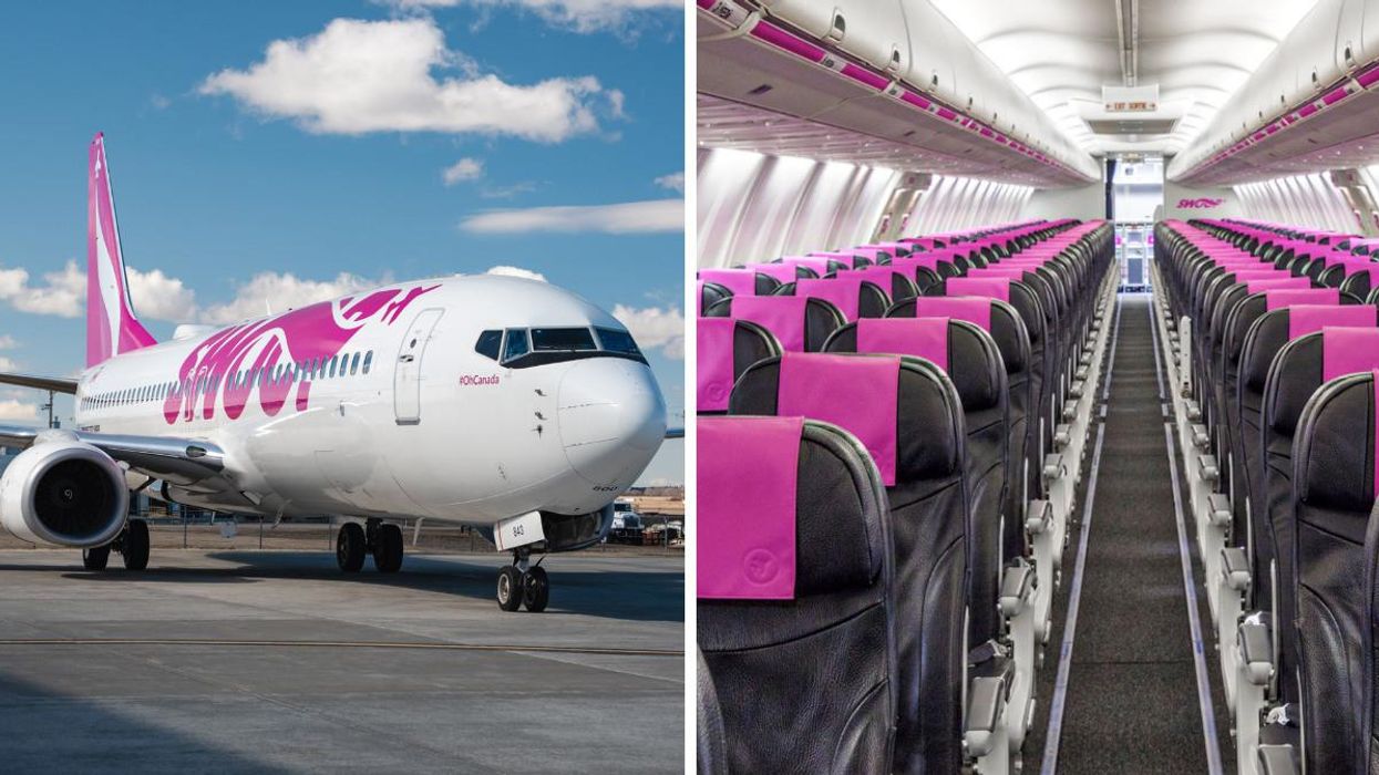 A swoop airplane. Right: The inside of a Swoop airplane.