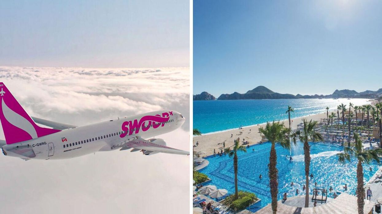 A Swoop airplane. Right: The Riu Santa Fe in Mexico.