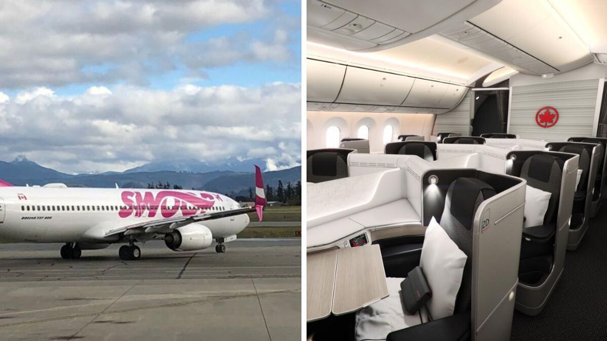 A Swoop flight. Right: An Air Canada cabin.