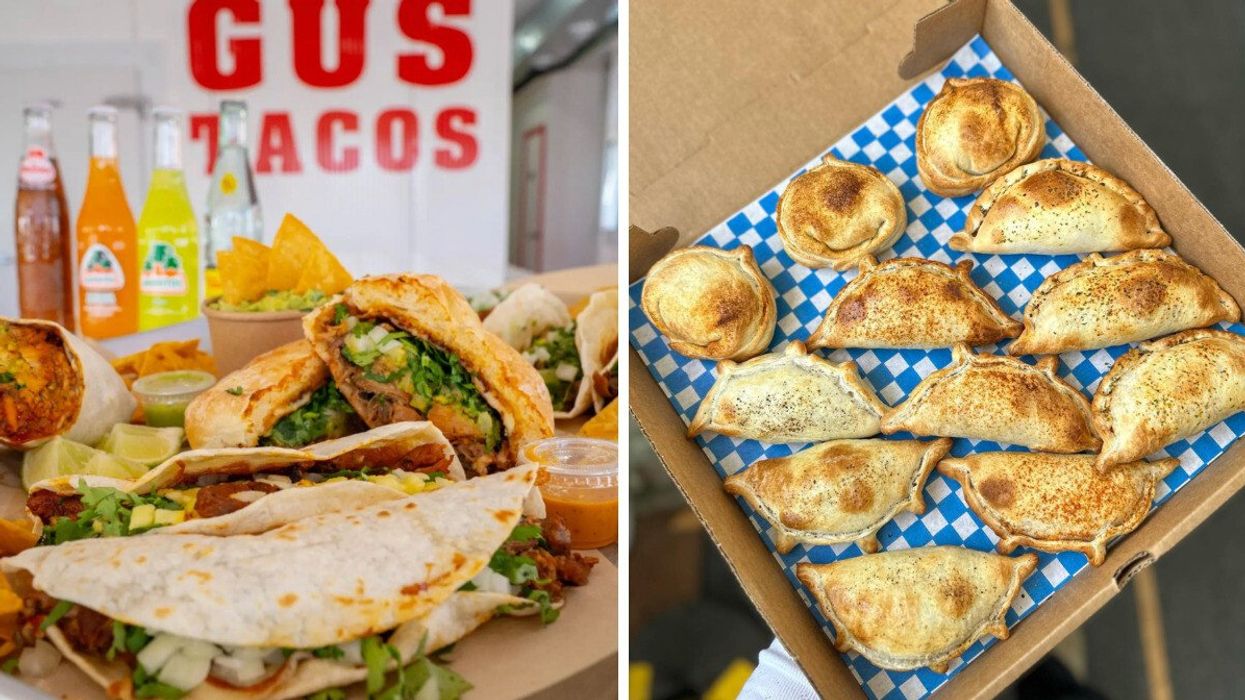 A table brimming with tasty goods from Gus Tacos in Toronto. Right: A takeout box filled with homemade empanadas from Gaucho Pie Co. in Toronto.