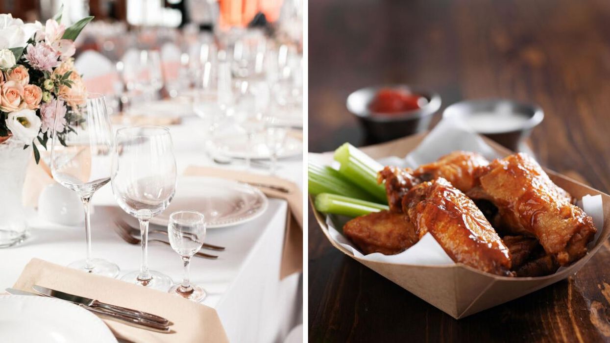 A table is set for a wedding reception. Right: Chicken wings.