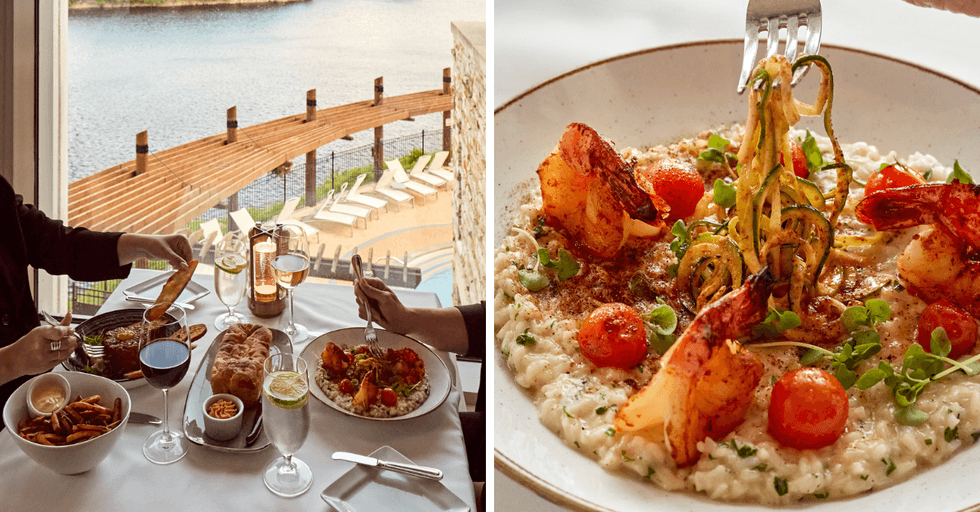 A table laden with food overlooking a lake. Right: A risotto dish of prawns and zucchini.