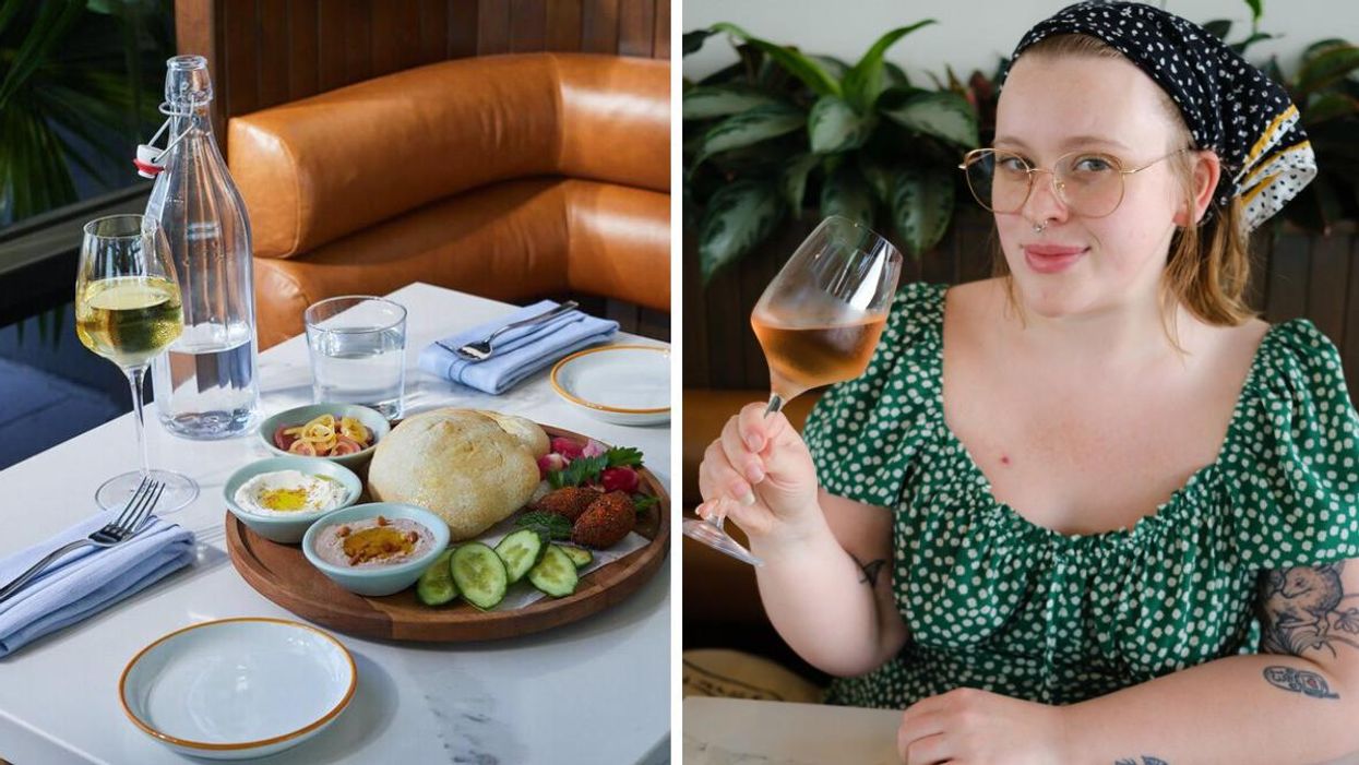 A table of food and wine at Bar Julian. Right: Writer Maeve Browne holds a glass of wine.