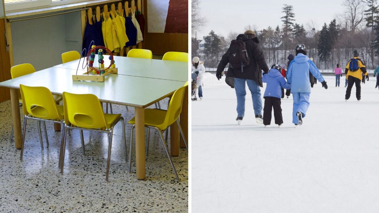 A table seen in a daycare. Family seen ice skating.
