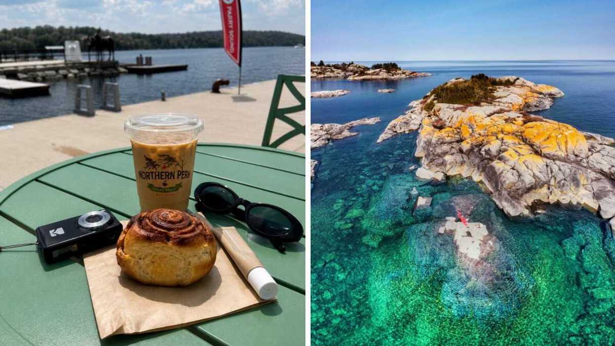 A table with food and a drink. Right: A rocky island surrounded by turquoise water.