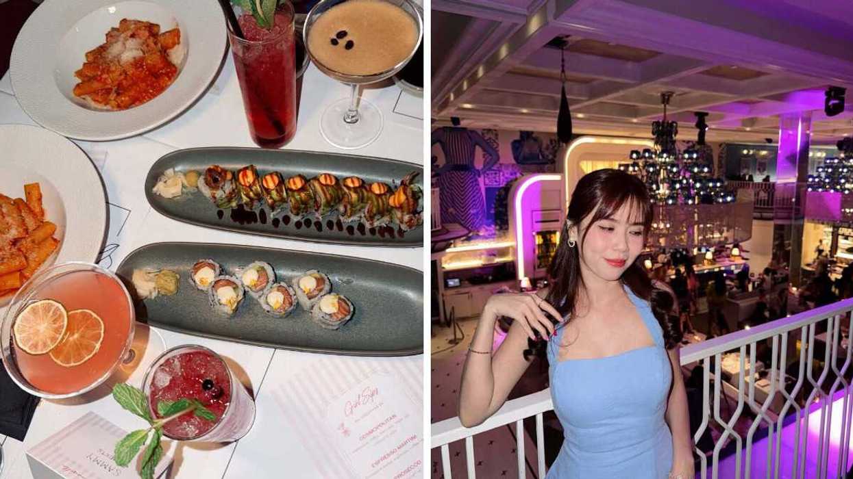 A table with food and drinks. Right: A person at a restaurant.