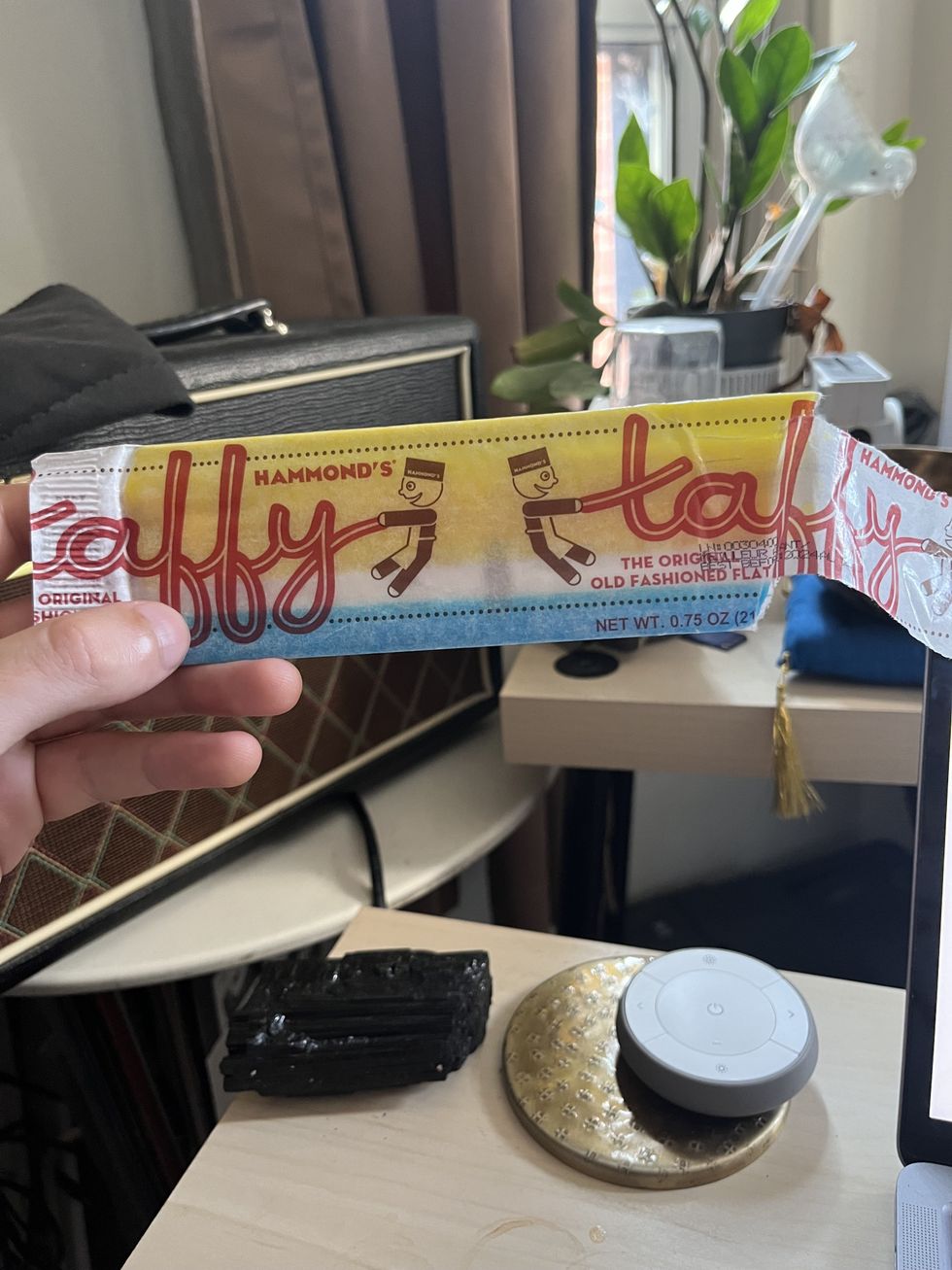A Taffy Taffy with a bite out of it.