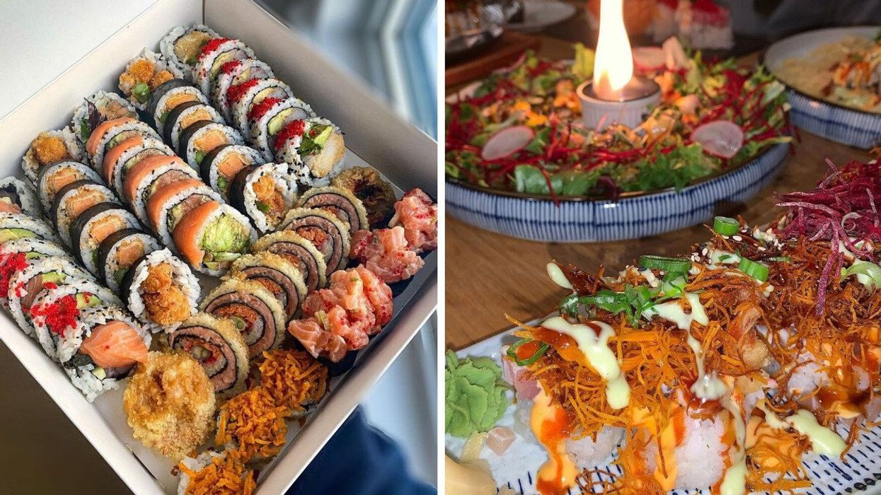 A takeout box lined with different sushi rolls. Right: Sushi rolls and a flaming plate on a table.