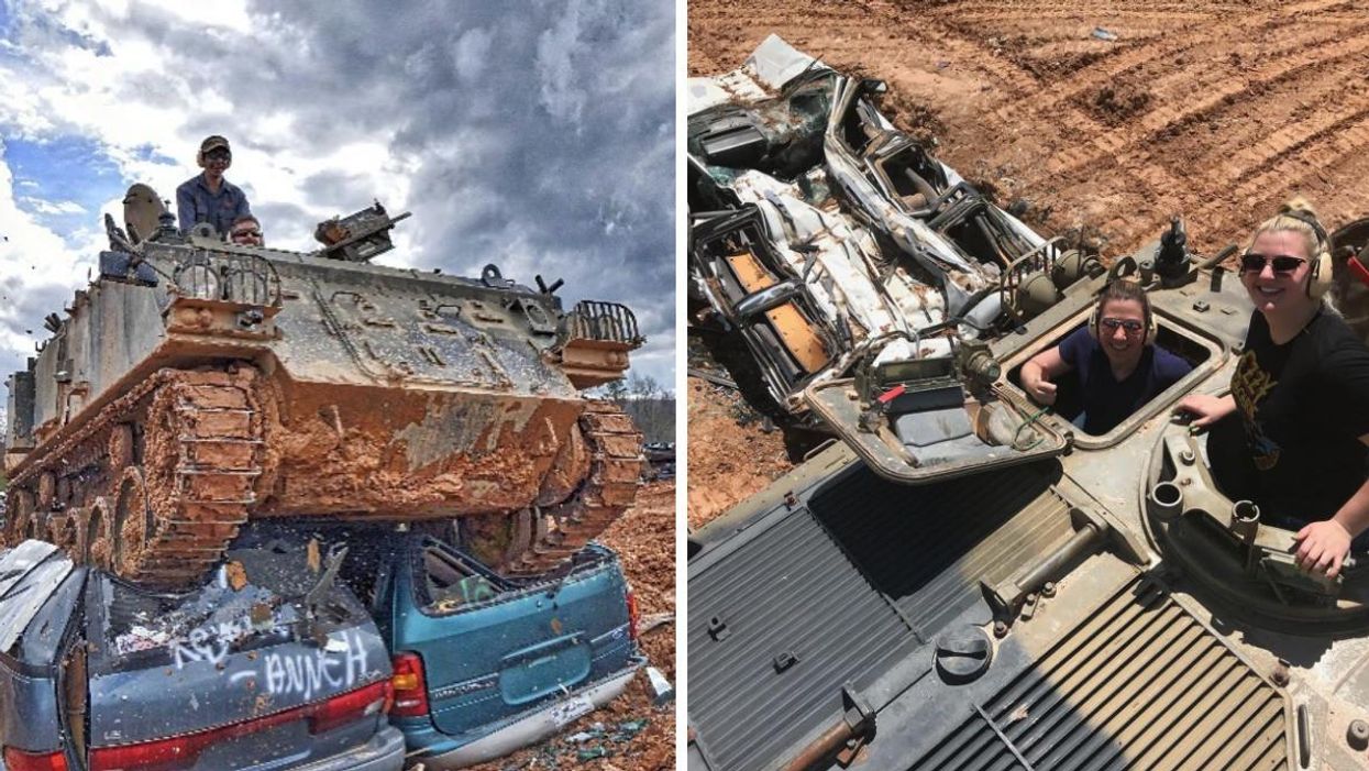 A tank driving over two SUVs. Right: Two people taking a selfie from inside the tank.