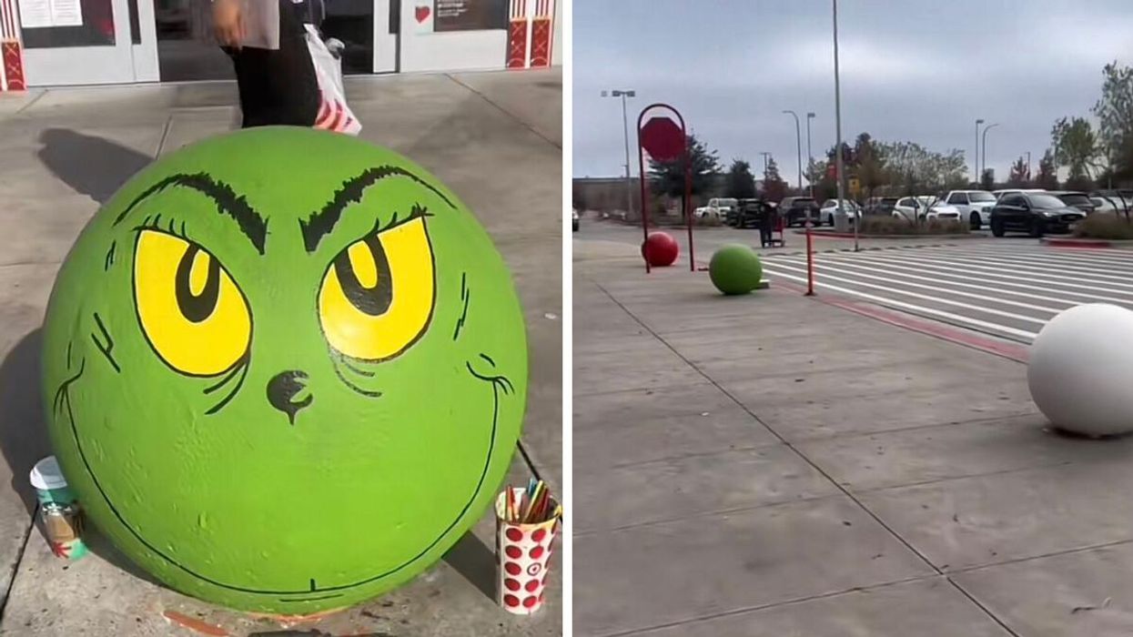 A Target ball painted as the Grinch in Texas. Right: Target balls outside of a Texas location.